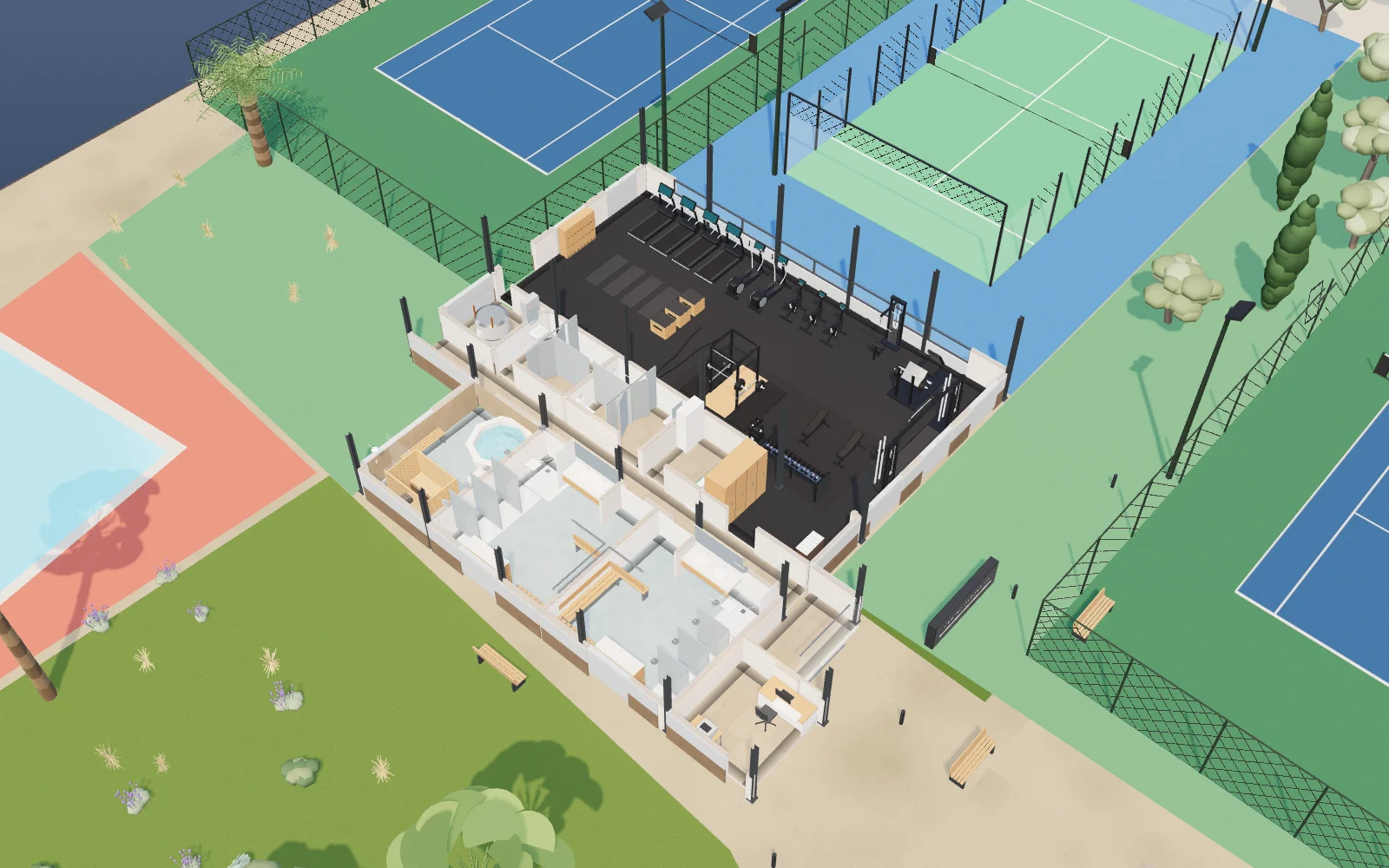Perspective view of the 3D model of the building with the equipped fitness hall.