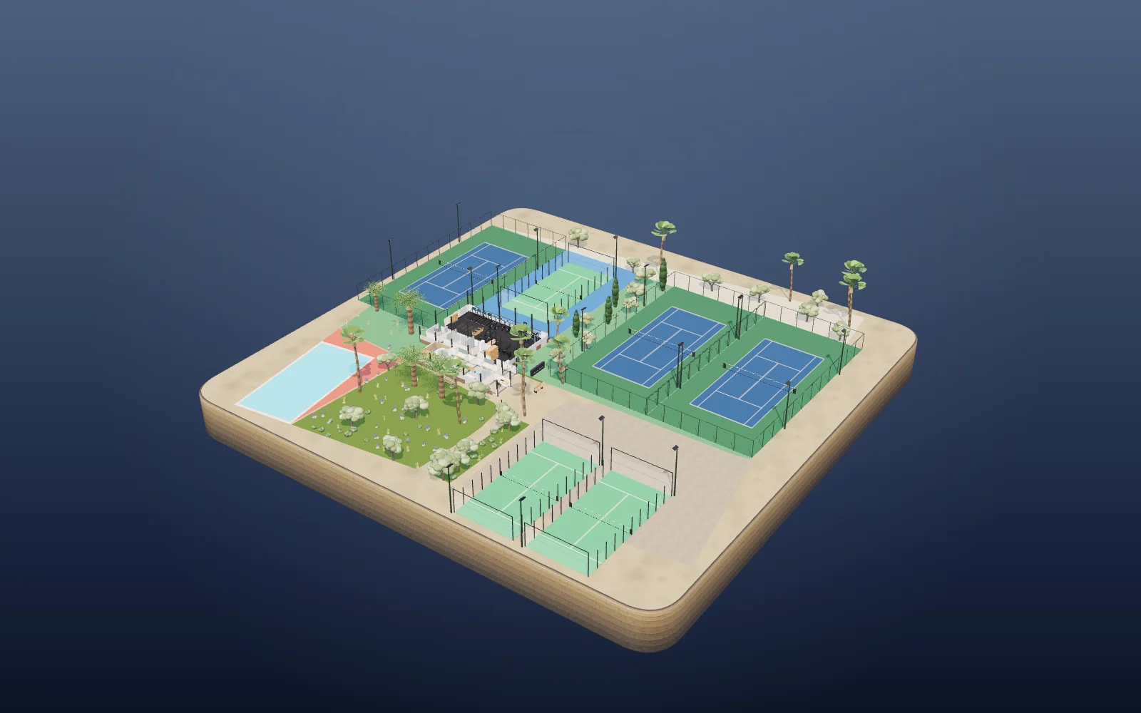 Overview of the 3D model: the building and sports courts on a floating base.