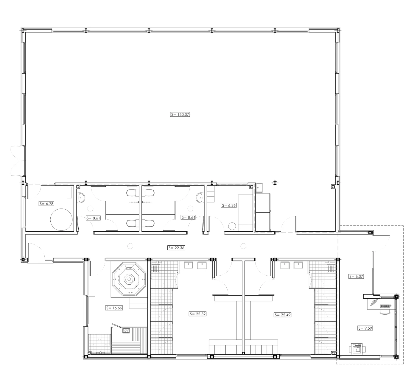 Anonymised floor plan of a sports centre: fitness hall, changing rooms, spa, toilets and reception.