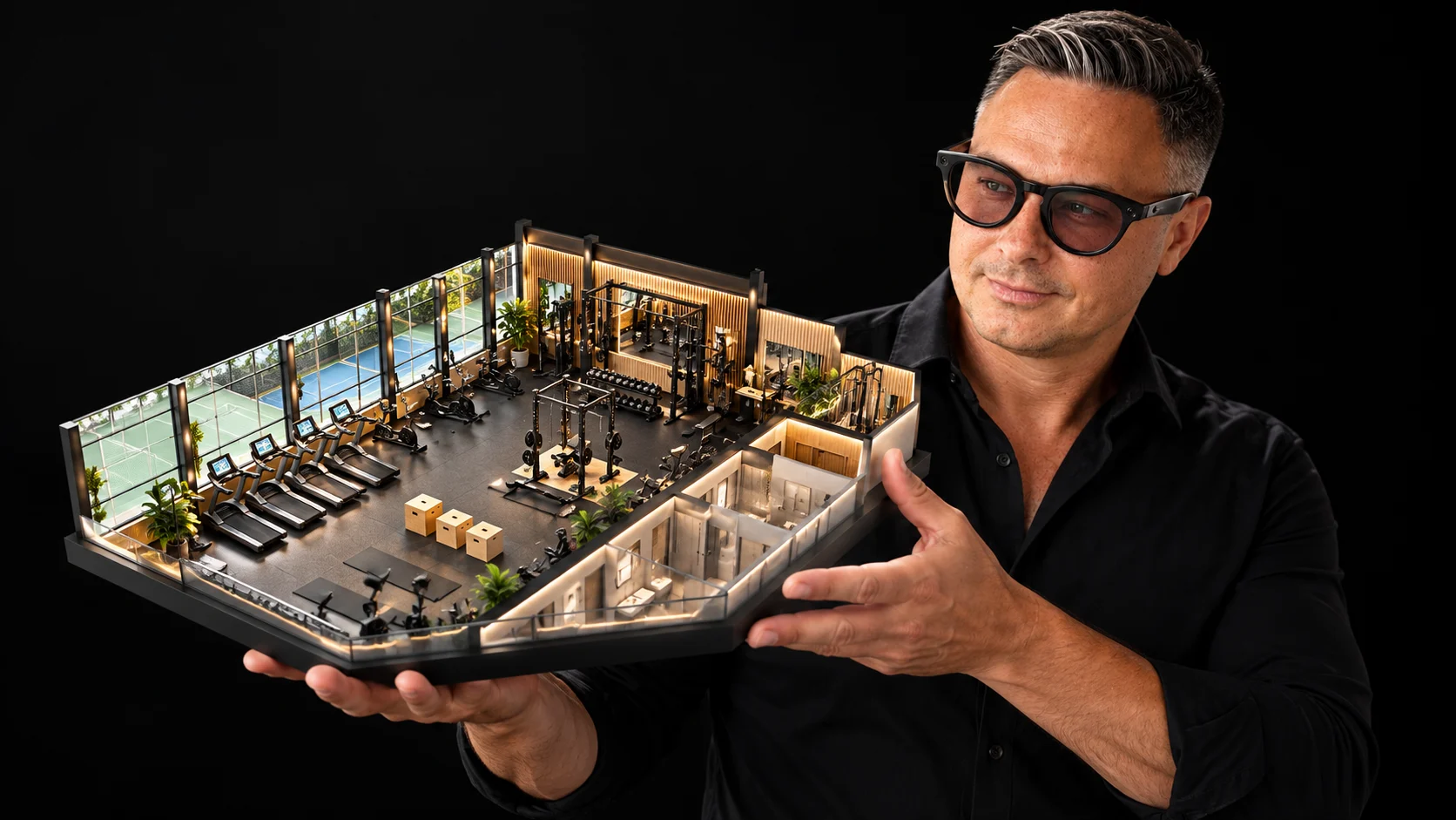 3DNA designer holding a miniature model of the sports club, with the equipped fitness hall.