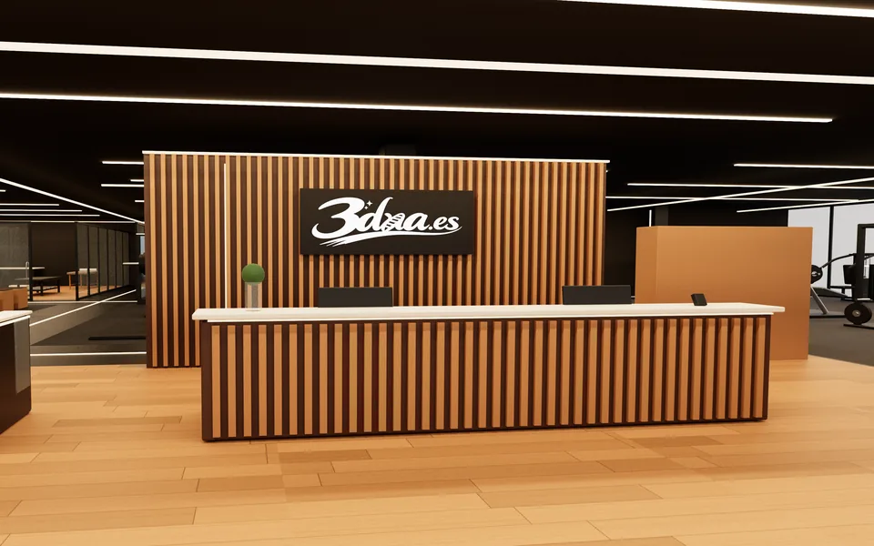 Eye-level interior render of the Reception zone