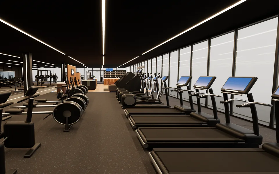 Eye-level interior render of the Cardio zone
