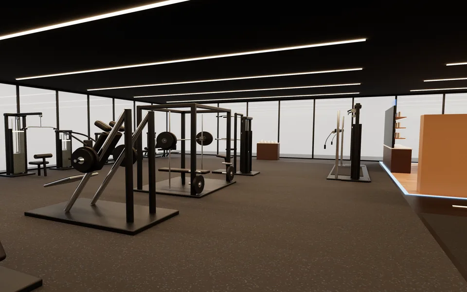 Eye-level interior render of the Strength machines zone