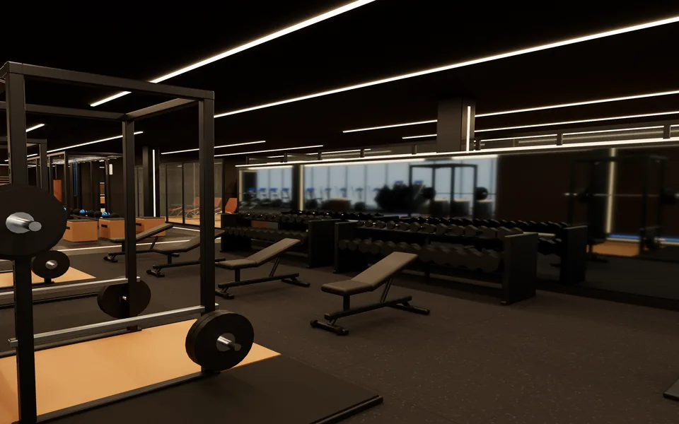 Eye-level interior render of the Free weights zone