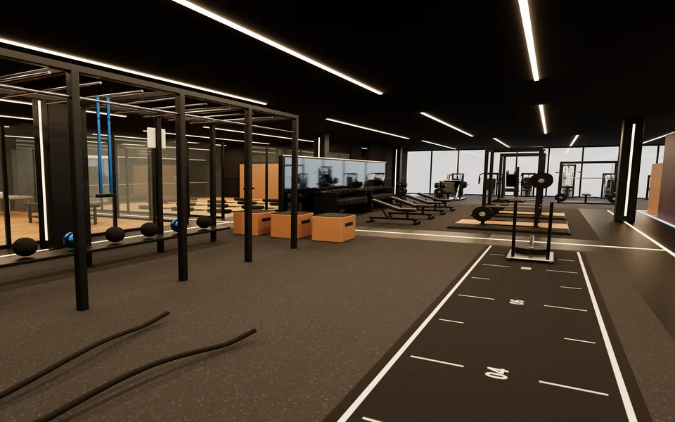 Eye-level interior render of the Functional training zone
