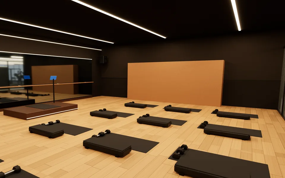 Eye-level interior render of the Group studio zone