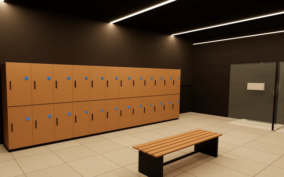 Eye-level interior render of the Changing rooms zone