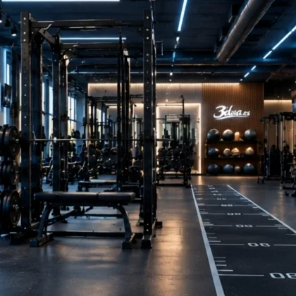 Back wall with an illuminated logo and medicine-ball shelving.