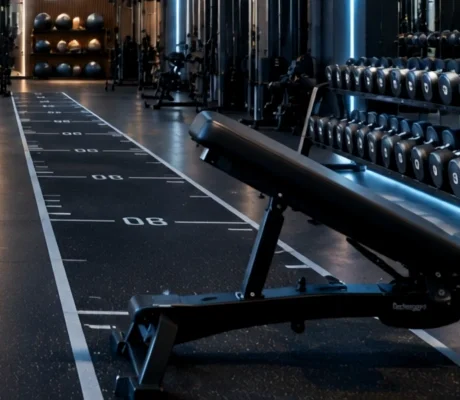 Training bench next to a lane marked on the floor.
