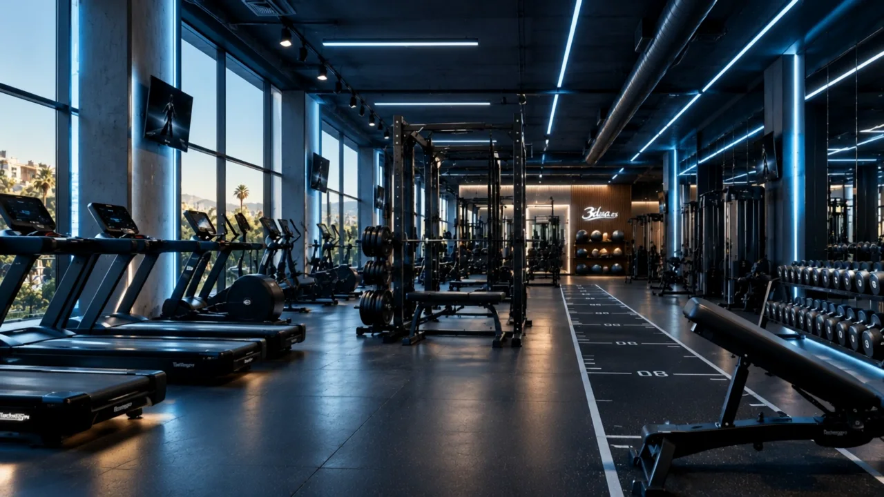 Fitness club floor with linear lighting, dark flooring and a marked training lane.