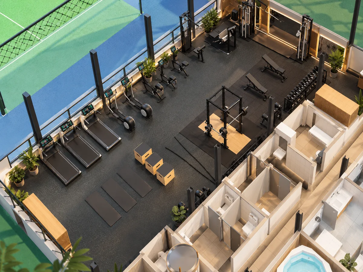 Overhead visualisation of the multipurpose hall fitted out as a gym, with toilets, changing rooms and spa in the foreground.
