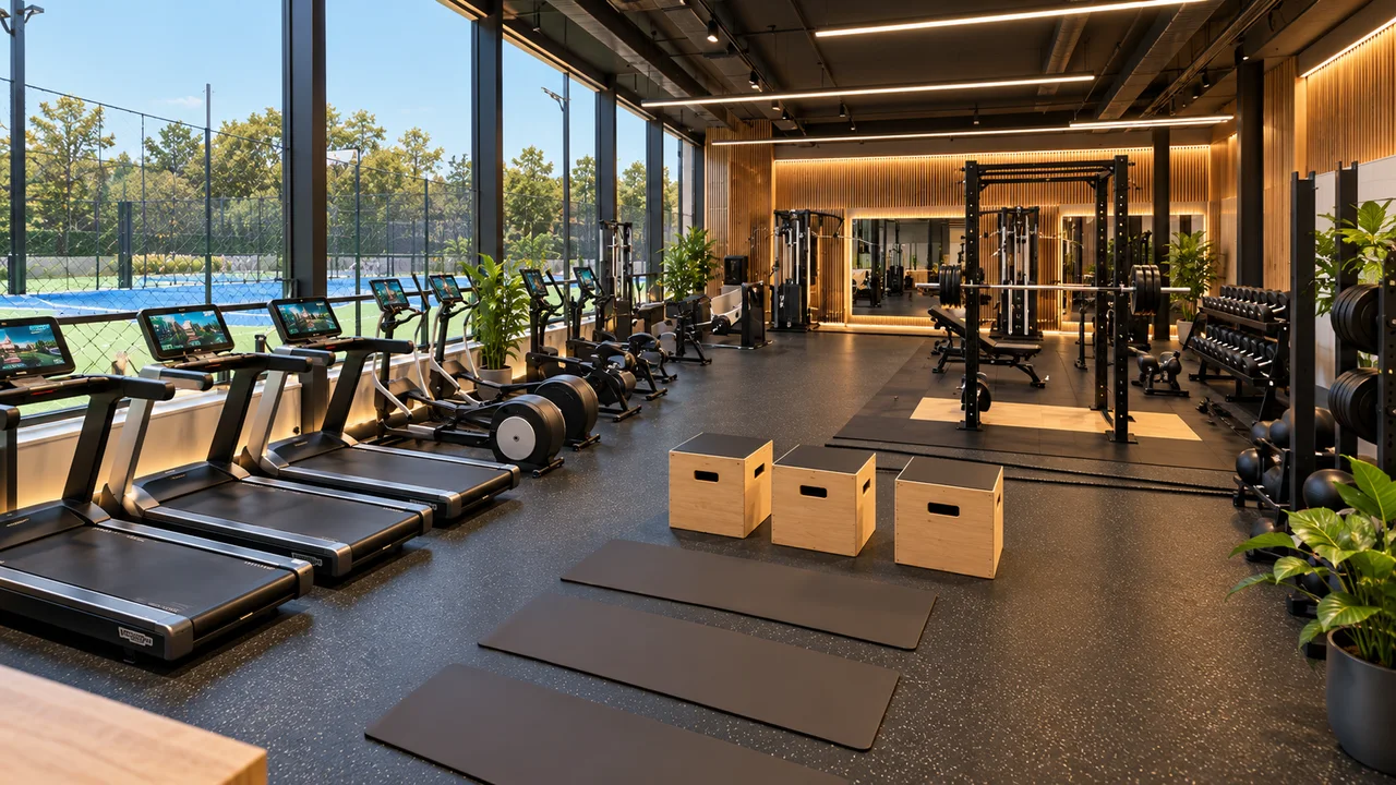 Interior visualisation of the multipurpose hall: treadmills along the glazed façade, power rack and timber panelling.