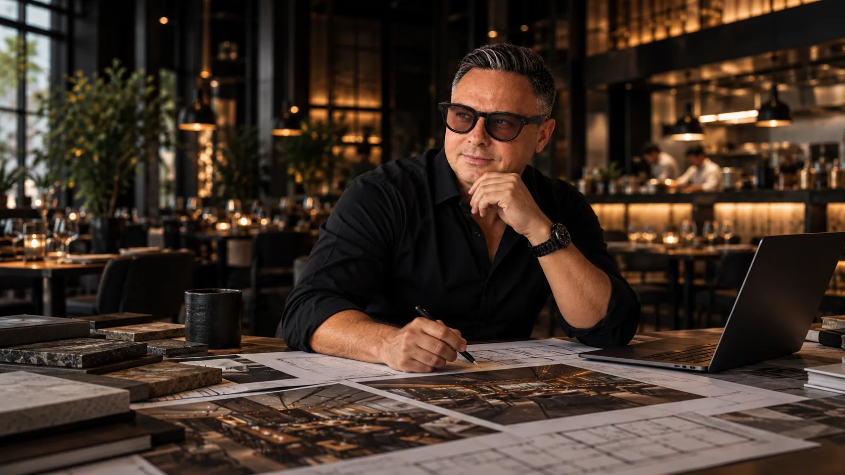 Designer reviewing restaurant plans and material samples