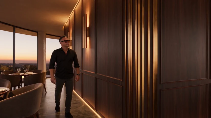 3DNA designer walking through a restaurant whose interior transforms: timber panels, clay walls and a lit central bar.